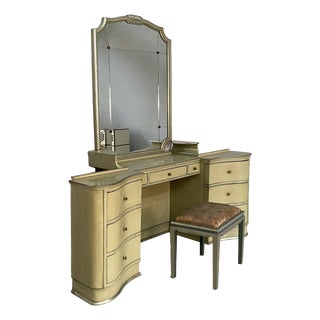 Art Deco Italian Makeup Console with Mirror and Stool in Wood, 1930s, Set of 2 For Sale