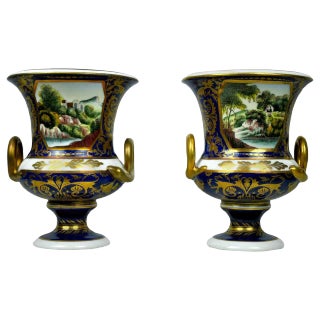 20th Century Hand-Painted Deep Blue and Gilt Sieve Vases, Set of 2 For Sale