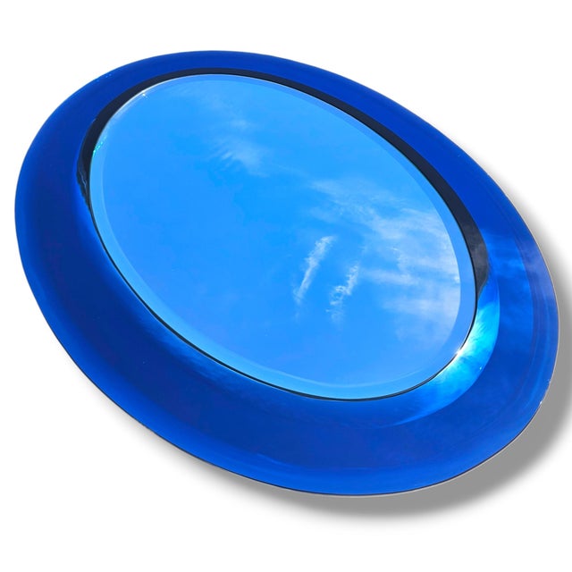 Mid-Century Modern Extremely Rare Cristal Arte Italian Dual-Tone Mirror – Clear Beveled Oval With Blue Mirrored Border For Sale - Image 3 of 14