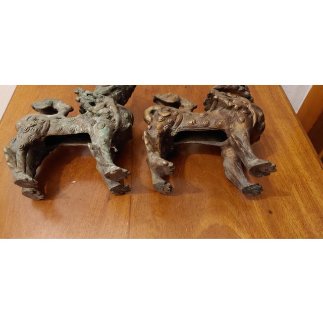 18th Century 18th Century Chinese Bronze Foo Dogs with Natural Patina - a Pair For Sale - Image 5 of 6