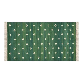 Handmade Cotton Forest Green Diamond Runner, Green and White -3'x12' For Sale