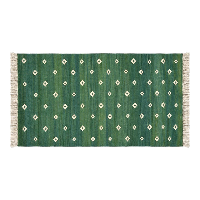 Handmade Cotton Forest Green Diamond Runner, Green and White -3'x12' For Sale