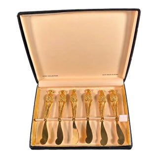 Vintage Tancraft Janis Collection 24k Gold Plated Cheese Spreaders Set of 6 in Orig. Box MCM For Sale