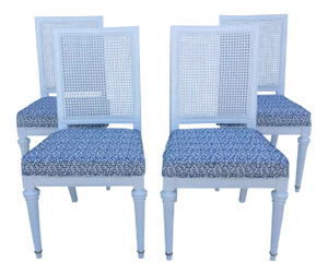 Vintage White Neoclassical Double-Caned, Straight-Back Armless Dining Chairs, Newly Refinished & Upholstered - Set of 4