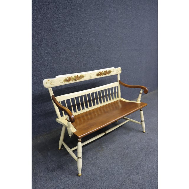 American Hitchcock Style Painted Maple Bench With Floral Decoration For Sale - Image 3 of 11