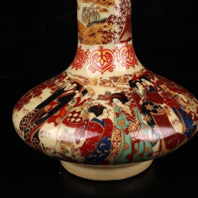 Ceramic 1970s Enamel Porcelain Vase, Flat‑Bulb Shaped Vase Hand‑Decorated With Court‑Ladies & Garden Landscape Scenes For Sale - Image 7 of 9