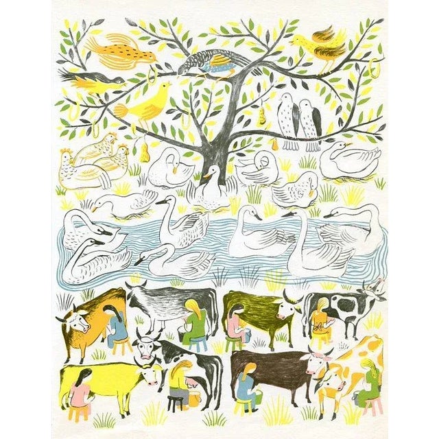 Original lithograph from a mid-century folio illustrating the English carol “The Twelve Days of Christmas”. Shown is the...