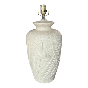 1980s Hollywood Regency White Ceramic Table Lamp With Palm Tree Leaf Relief Design