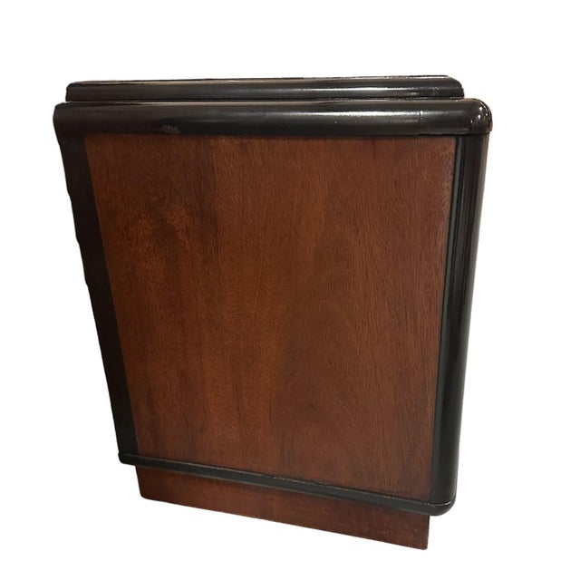 Pair of Two Toned Art Deco Cherry Wood & Lacquer Bedside Tables W/ Stepped Top For Sale - Image 10 of 12