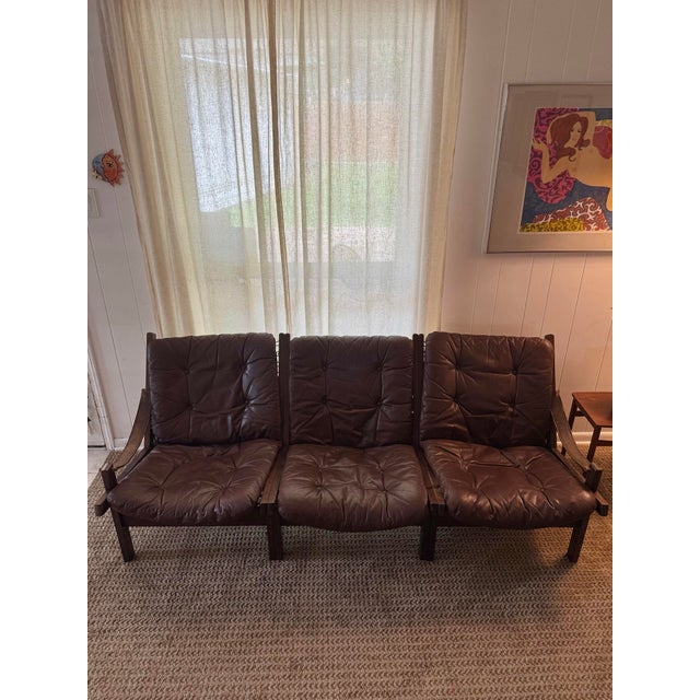 Animal Skin Beautiful Vintage Three Seat High Back “Hunter” Sofa in Leather Attributed to Torbjørn Afdal, Made in Norway, Circa 1960s For Sale - Image 7 of 12