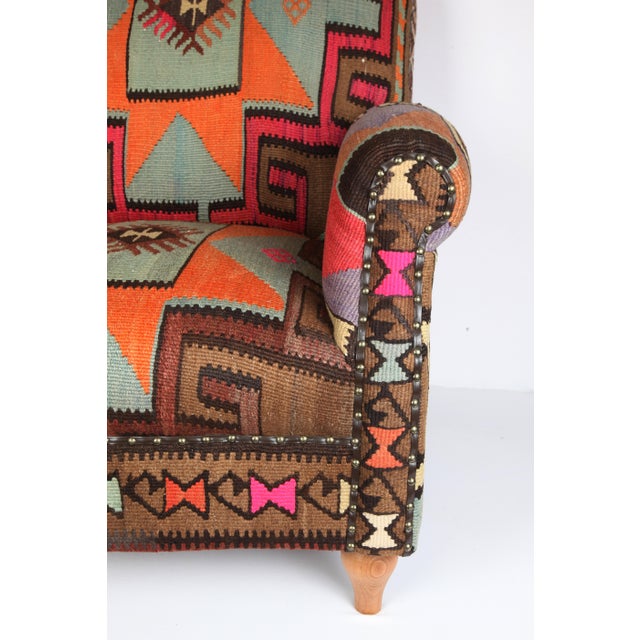 Handmade Armchair Upholstery With Tribal Handwoven Vintage Kilim For Sale - Image 9 of 13
