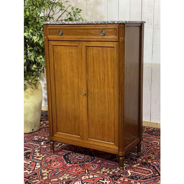 Brown Small Louis XVI Cabinet in Mahogany, Oak and Marble Top For Sale - Image 8 of 18