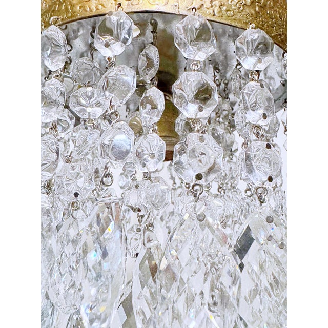 Brass Vintage Brass Embossed Crystal Chandelier With Cascading Swedish Cut Prisms For Sale - Image 8 of 8