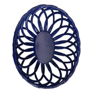 Vintage Italian Blue Lattice Open Weave Ceramic Fruits Basket. For Sale