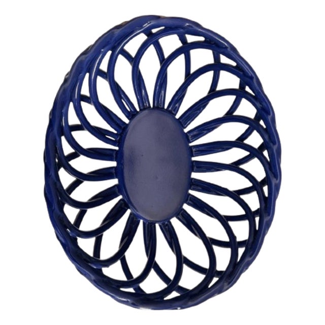Vintage Italian Blue Lattice Open Weave Ceramic Fruits Basket. For Sale