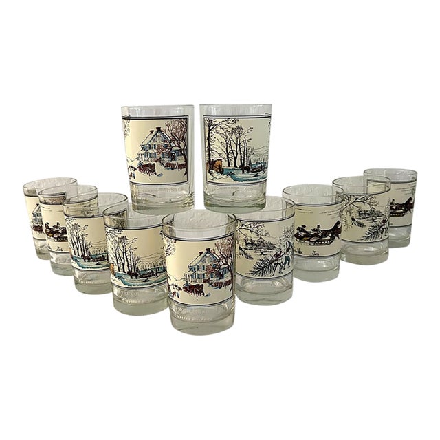 Vintage Currier & Ives Winter Scene Tumblers, Set of 11 For Sale
