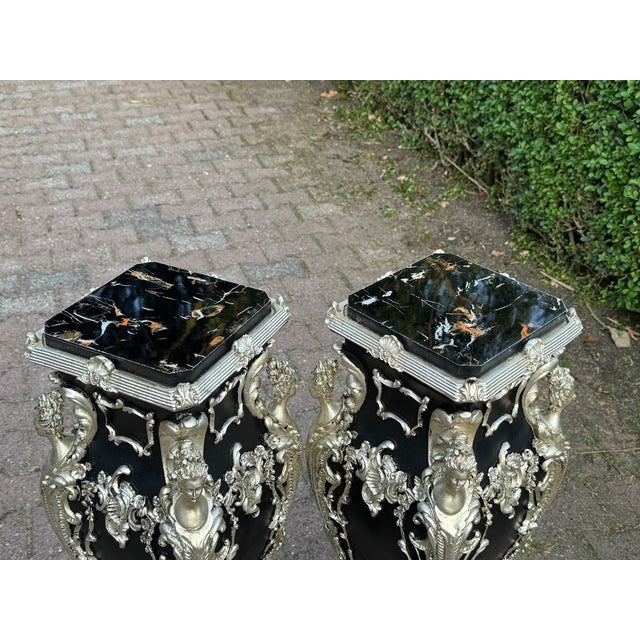 1980s 1980 Italian Artisan Baroque Black Silver Pedestals-Pair For Sale - Image 5 of 18