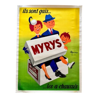 Myrys Shoes Original 1950’s French Advertising Poster With Happy Family Linen Backed 46” X 61” For Sale