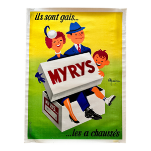 Myrys Shoes Original 1950’s French Advertising Poster With Happy Family Linen Backed 46” X 61”
