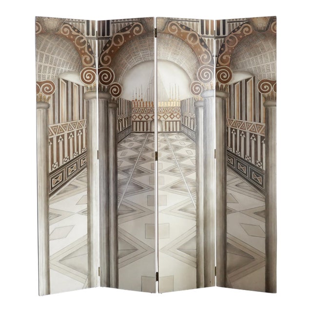 Vintage Neoclassical Trompe-l'Oeil Four Panel Screen Room Divider For Sale