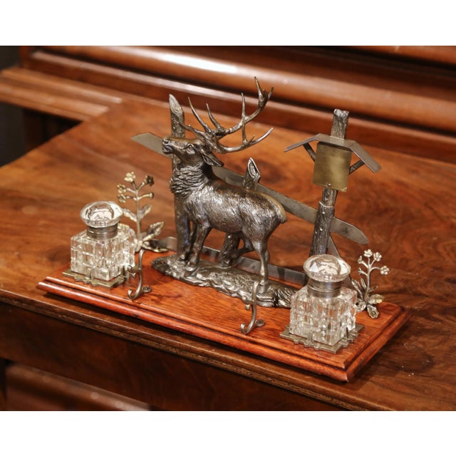 Mid-Century Modern Mid 20th Century French Spelter and Cut Glass Inkwell With Deer Sculpture For Sale - Image 3 of 10