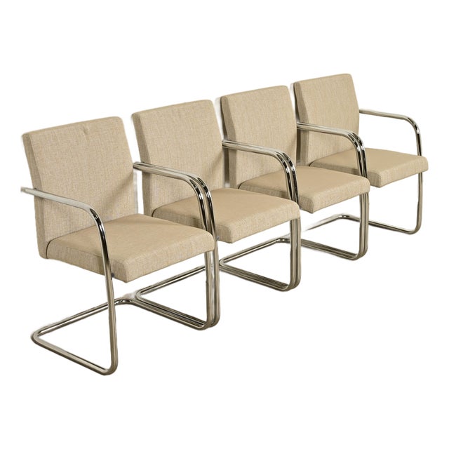 Mies Van Der Rohe Brno Style Mid-Century Modern Chrome Tubular Cantilever Club Chairs, Set of Four For Sale