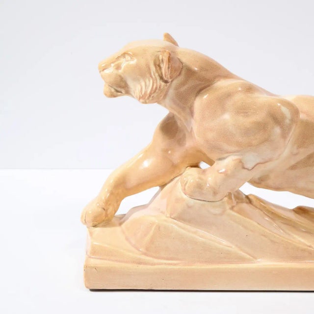 Art Deco Pale Terracotta Ceramic Sculpture of Stylized Pouncing Tiger For Sale In New York - Image 6 of 13
