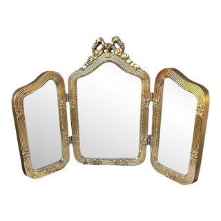 Antique Italian Giltwood Tri-Fold Mirror with Ribbon Crest Hollywood Regency For Sale