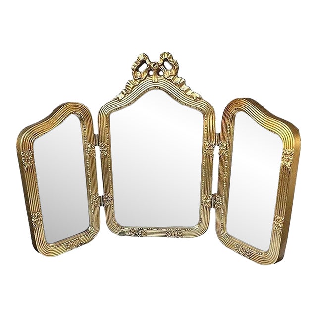 Antique Italian Giltwood Tri-Fold Mirror with Ribbon Crest Hollywood Regency For Sale