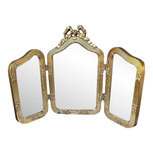 Antique Italian Giltwood Tri-Fold Mirror with Ribbon Crest Hollywood Regency