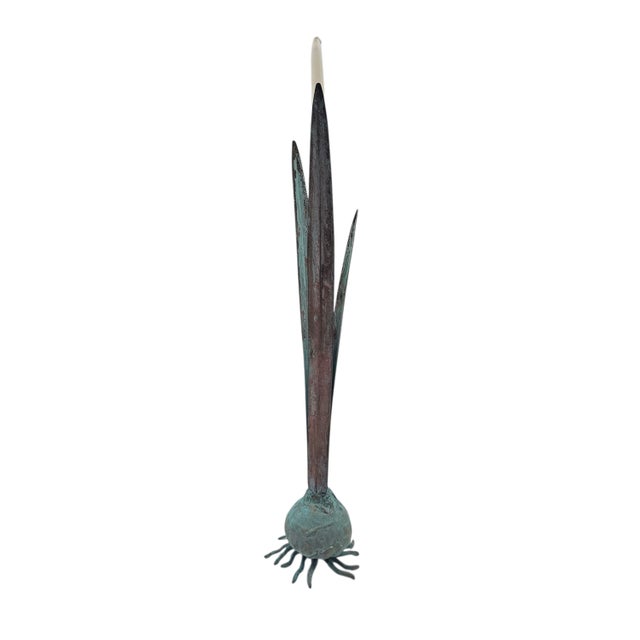 Late 20th Century Vintage Verdigris Cattail Candleholders, Copper Bronze Metal, Pair, 13" For Sale - Image 5 of 13