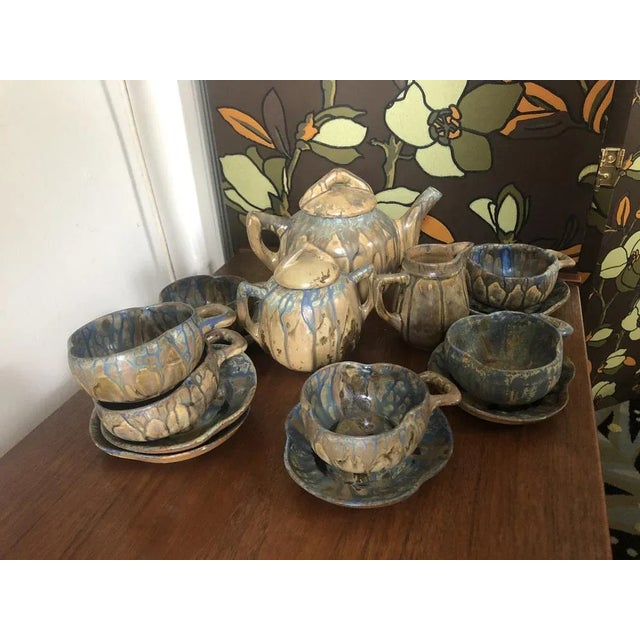 Art Nouveau Blue Running Glaze Tea Service, Set of 9 For Sale - Image 3 of 8