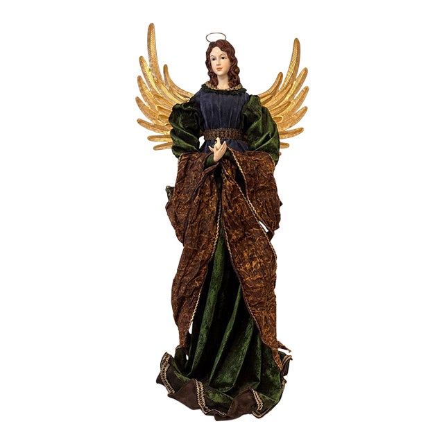 Late 20th Century Tall Fabric Mâché Christmas Angel With Gold Metal Wings For Sale