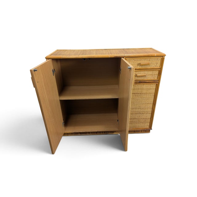 Wood Wicker Cabinet with 3 Doors and 2 Drawers, 1970s For Sale - Image 7 of 12