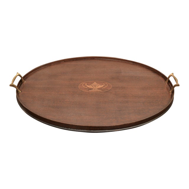 Antique English Oval Mahogany Inlaid Butler Tray For Sale