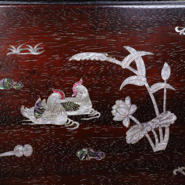 Dark Hardwood Storage Chest, Mother-of-Pearl Shell Inlay, Mandarin Ducks & Deer, Chinoiserie Decorative Treasure Box ## Dimensions For Sale In Los Angeles - Image 6 of 10