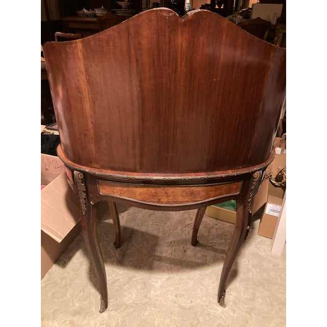 Wood Antique French-Style Writing Desk With Ornate Carvings & Inlaid Wood For Sale - Image 7 of 18