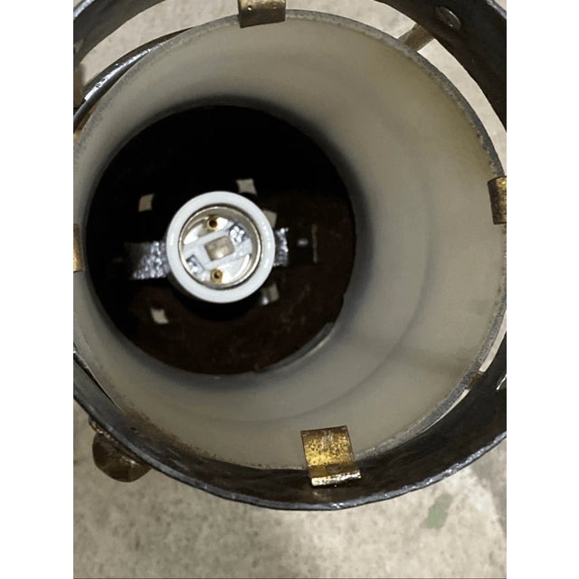 Early 20th Century Vintage Industrial Style Hammered Metal & Frosted Glass Pendant Lantern For Sale - Image 5 of 7