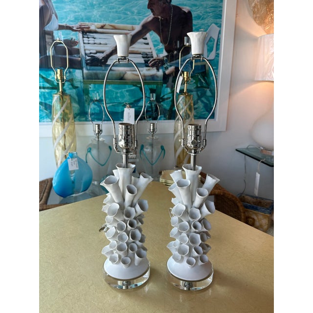 Vintage Pair Porcelain Faux Coral Tubes Table Lamps Lucite Base Newly Wired For Sale - Image 11 of 13