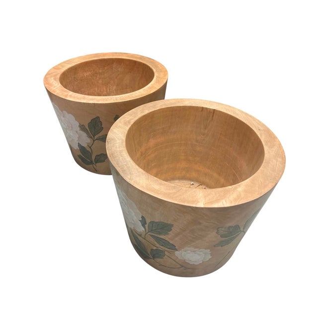 Wood A Pair of Vintage Solid Teak Hand-Painted Floral Cache Pots For Sale - Image 7 of 12