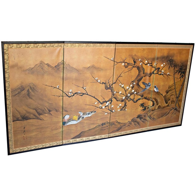 "Ancient Plum Blossoms and Mandarin Ducks" by Yukiga, 1970s Japanese Byobu Screen For Sale - Image 4 of 18