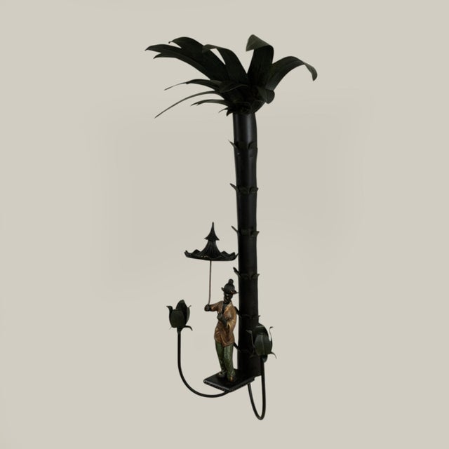 Black Pair of Vintage Italian Tole Chinoiserie Palm Tree Wall Sconces For Sale - Image 8 of 15