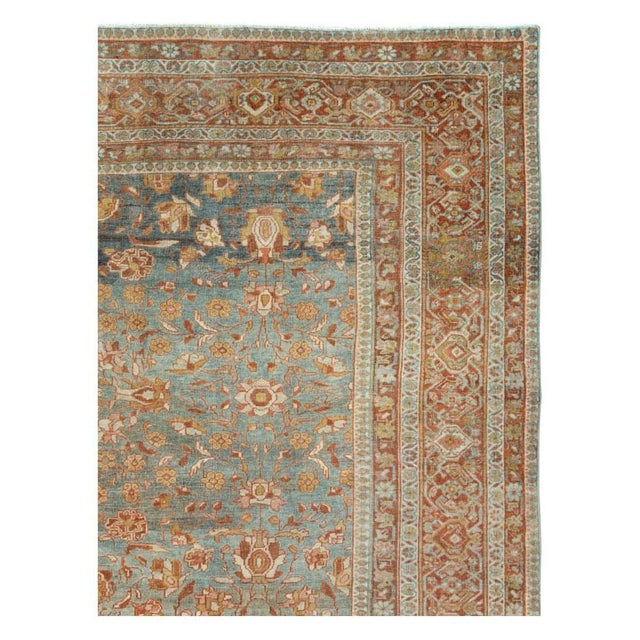 Rustic Early 20th Century Handmade Persian Mahal Room Size Carpet in Rust and Seafoam For Sale - Image 3 of 10