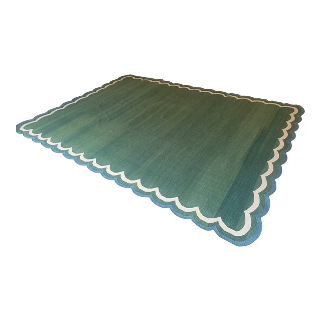 Not Yet Made - Made To Order Handmade Cotton Reversible Scalloped Edge Rug Forest Green With Cream and Teal Blue Border - 10'x14' For Sale