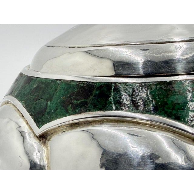 1960s Los Castillo Taxco Silver Plate & Malachite Lidded Bowl, Mexican Modernism For Sale - Image 9 of 18