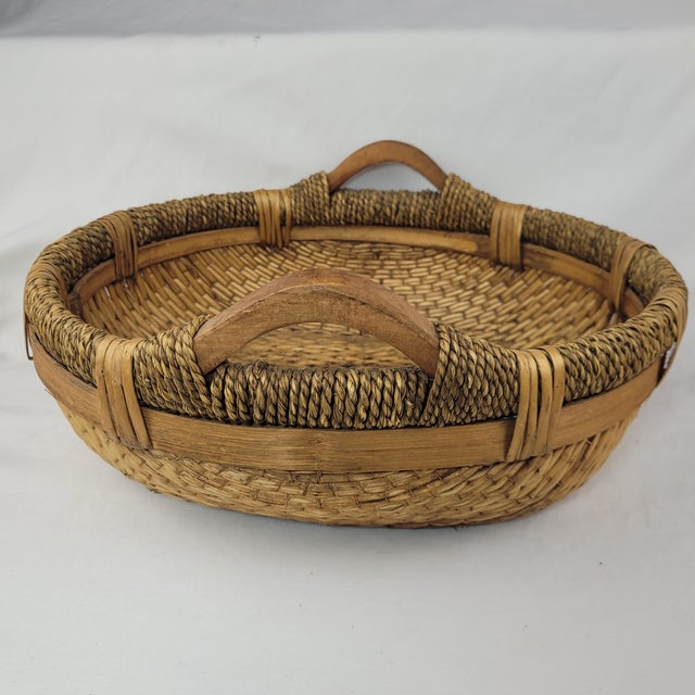 Vintage Round Woven Wicker Rice Basket With Wood Handles Rustic Boho For Sale - Image 4 of 11