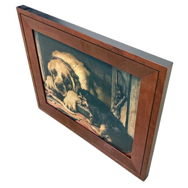 Framed vintage print image on canvas board of dogs enjoying a bone. Depicts a humorous painted image of one dog sleeping...