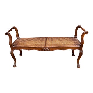 Early 20th Century Antique Caned Seat Bench With Queen Anne Legs For Sale