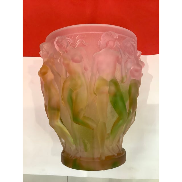 1950s Vintage XL Crystal Heavy Glass Art Vase, Green Pink Ombré Naked Ladies For Sale - Image 9 of 13