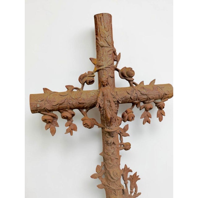 Antique Cast Iron Virgin Mary Cross with Roses, 1890s For Sale - Image 3 of 4